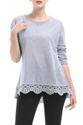 Women Round Neck Lace Hem Elegant Top