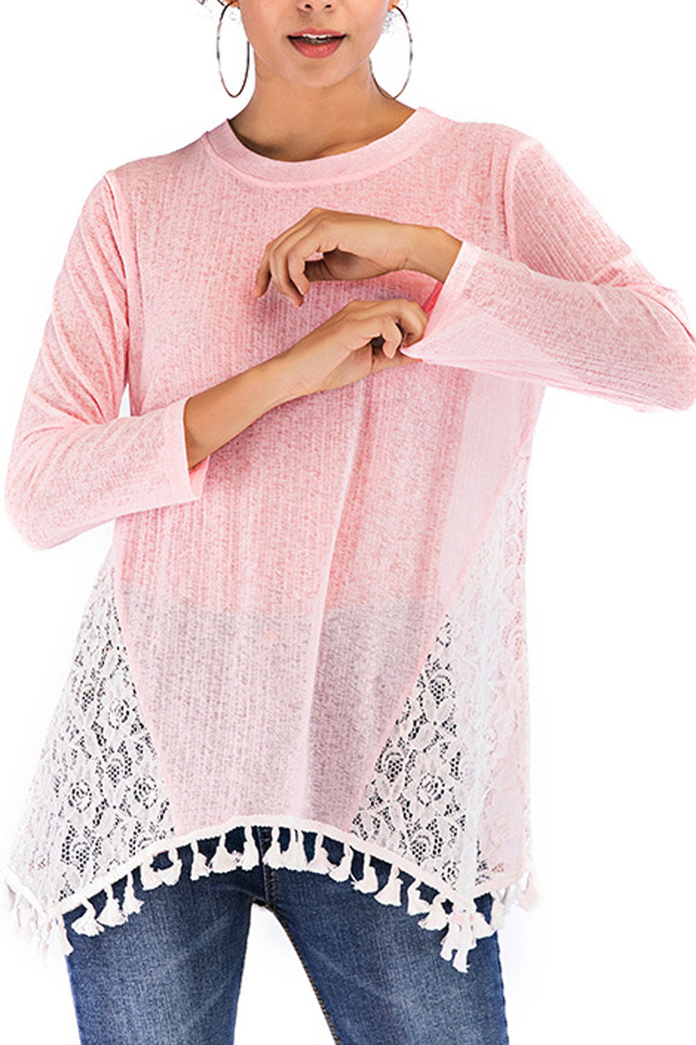 Women Lace Round Neck Loose Stylish Top