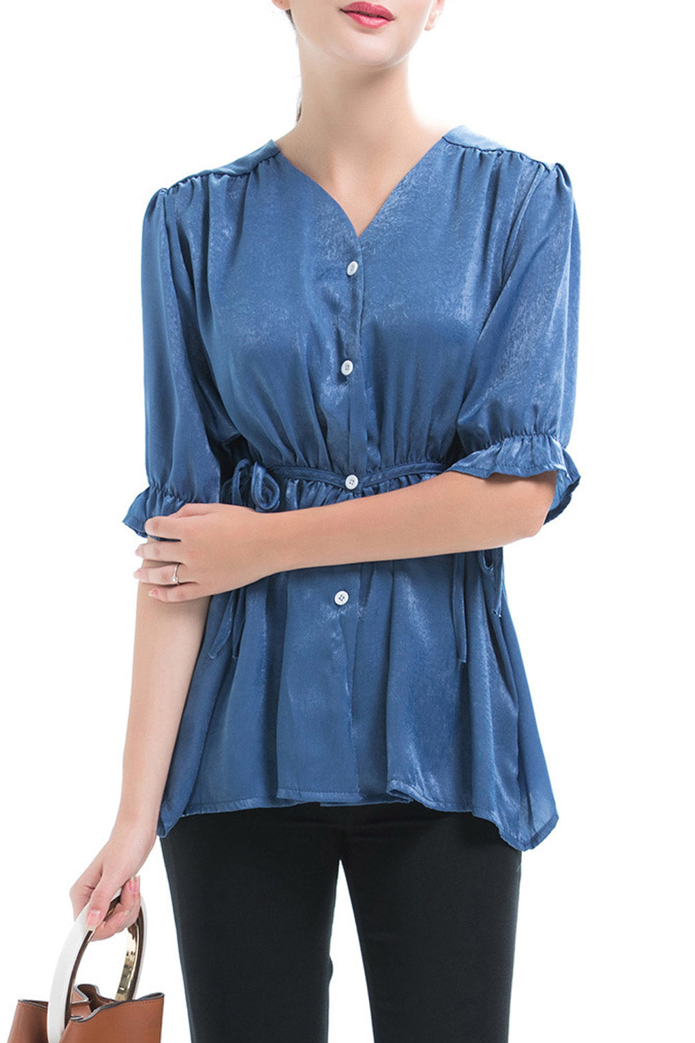 Women V-Neck Button Down Pleated Shirt