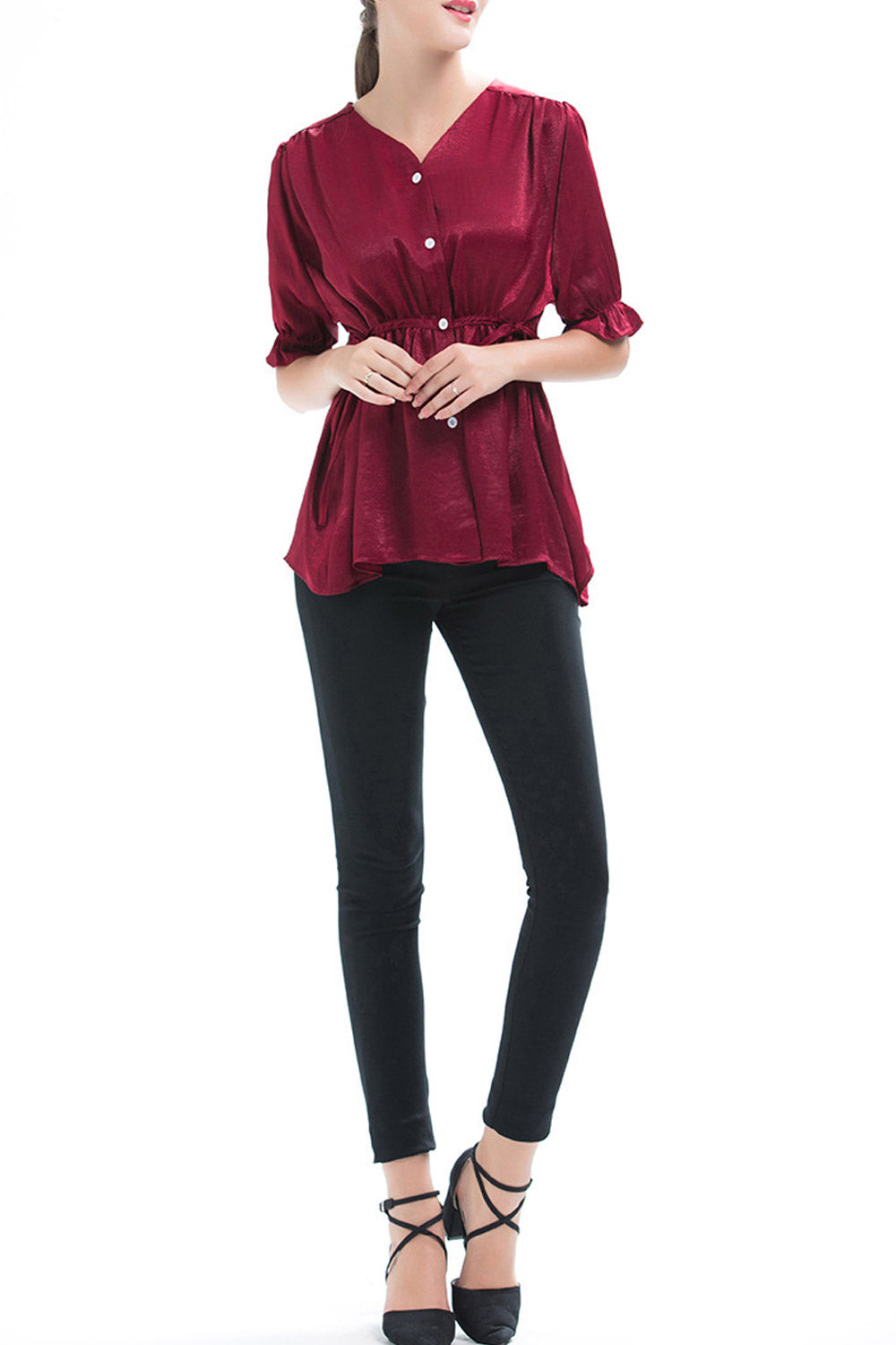 Women V-Neck Button Down Pleated Shirt