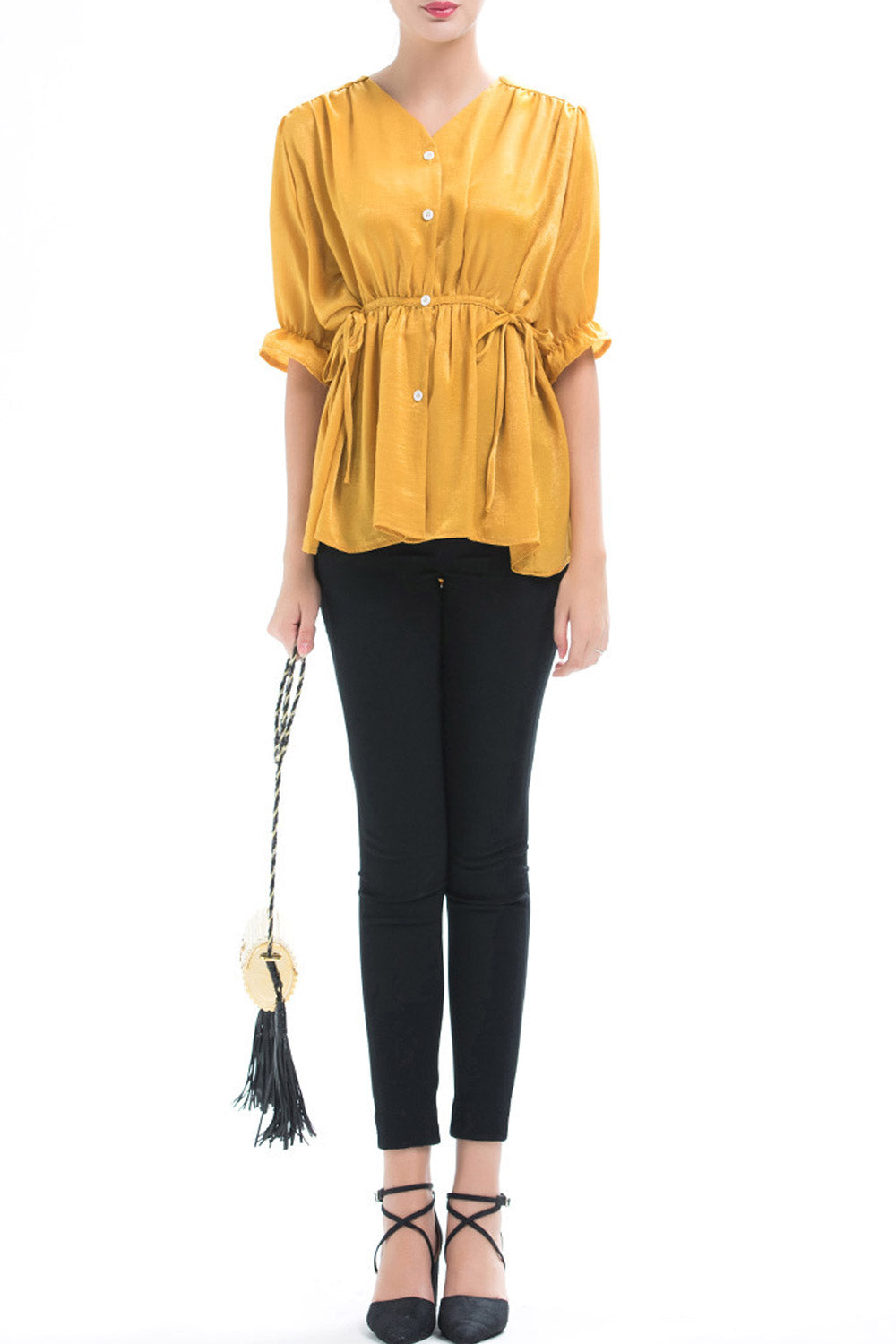 Women V-Neck Button Down Pleated Shirt