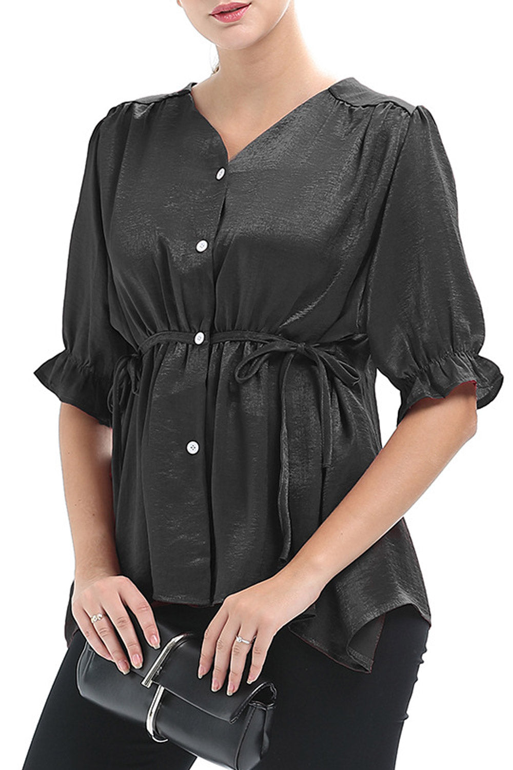 Women V-Neck Button Down Pleated Shirt