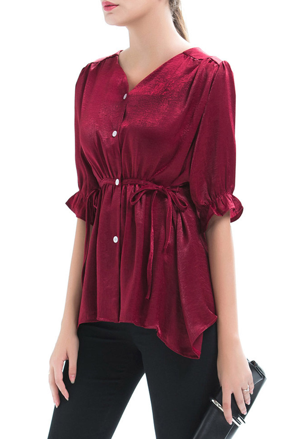 Women V-Neck Button Down Pleated Shirt