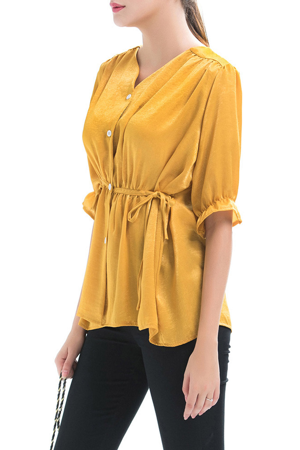 Women V-Neck Button Down Pleated Shirt