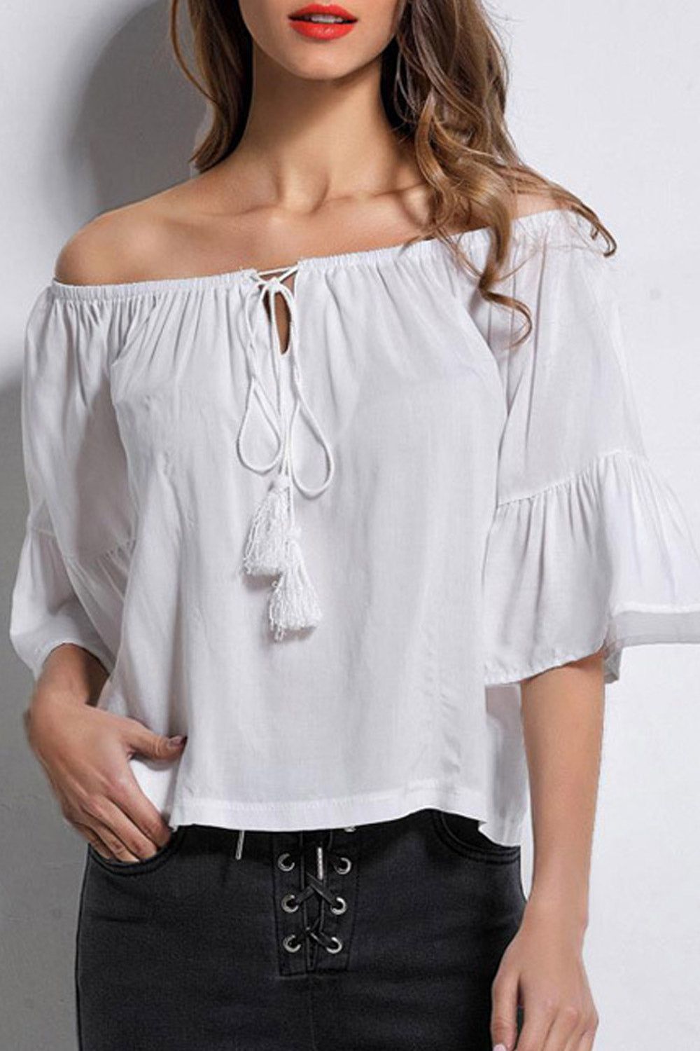 Women Off Neck Ruffled Sleeve Fashion Top