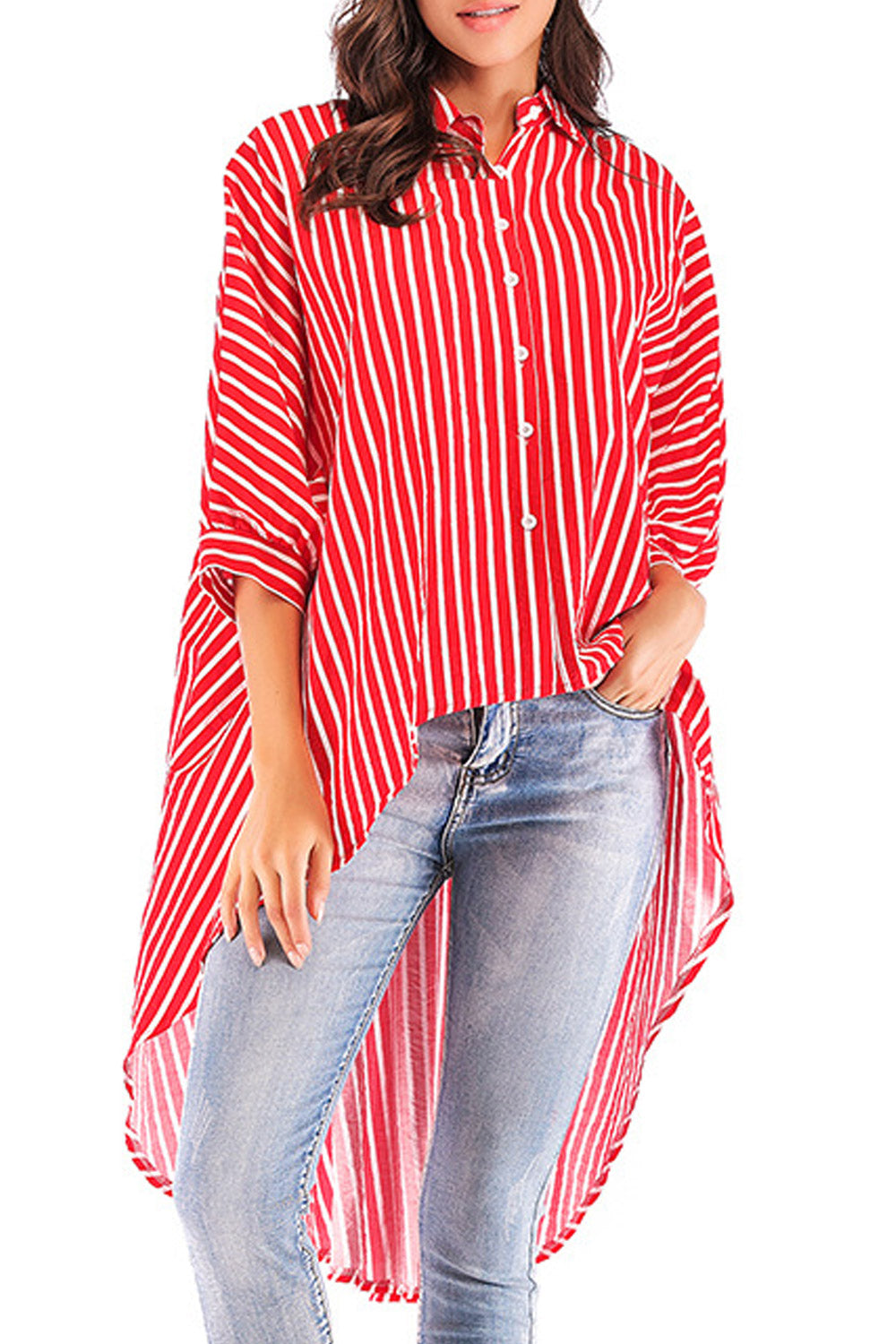 Women Striped Collar Neck Irregular Shirt