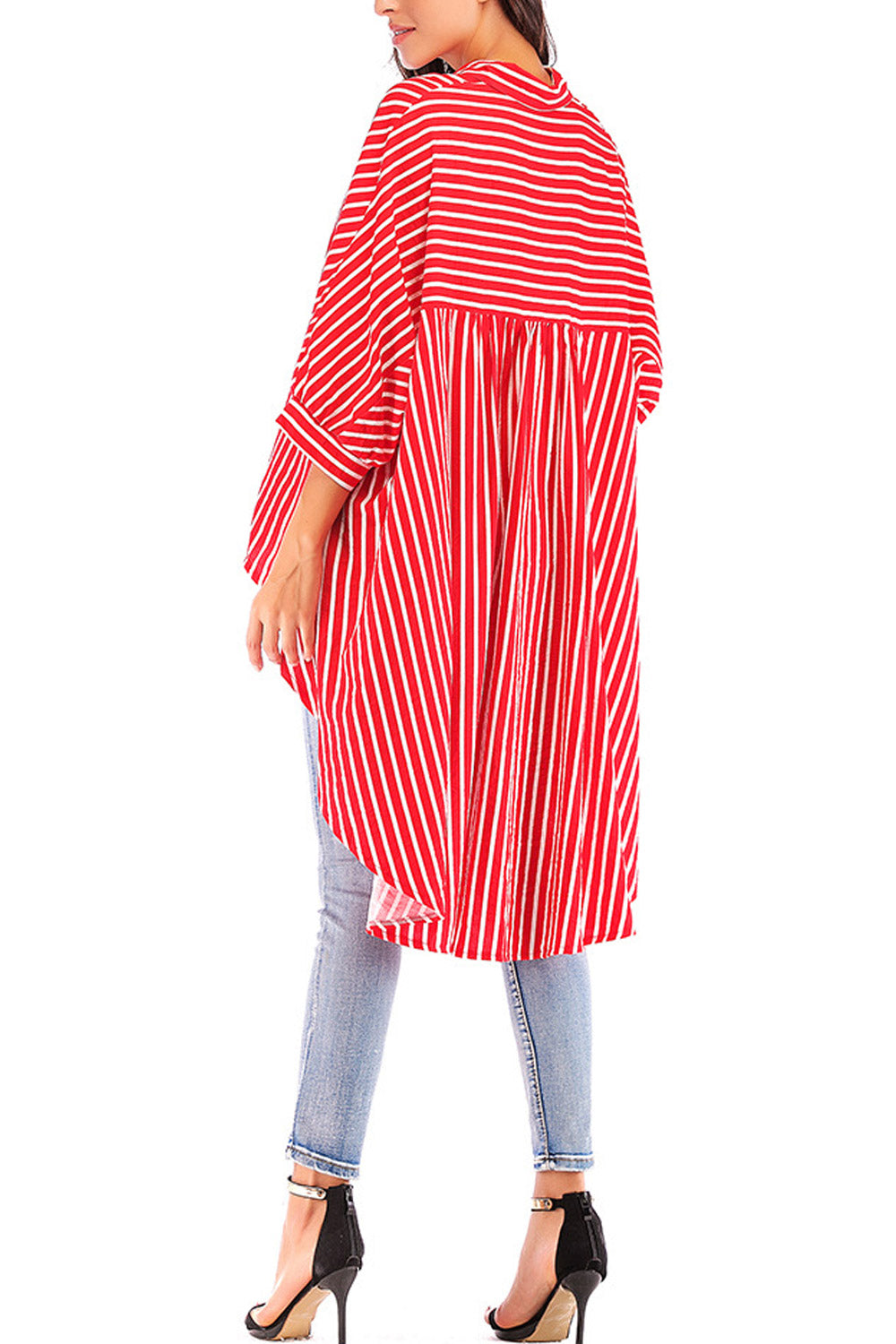 Women Striped Collar Neck Irregular Shirt