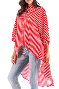 Women Striped Collar Neck Irregular Shirt