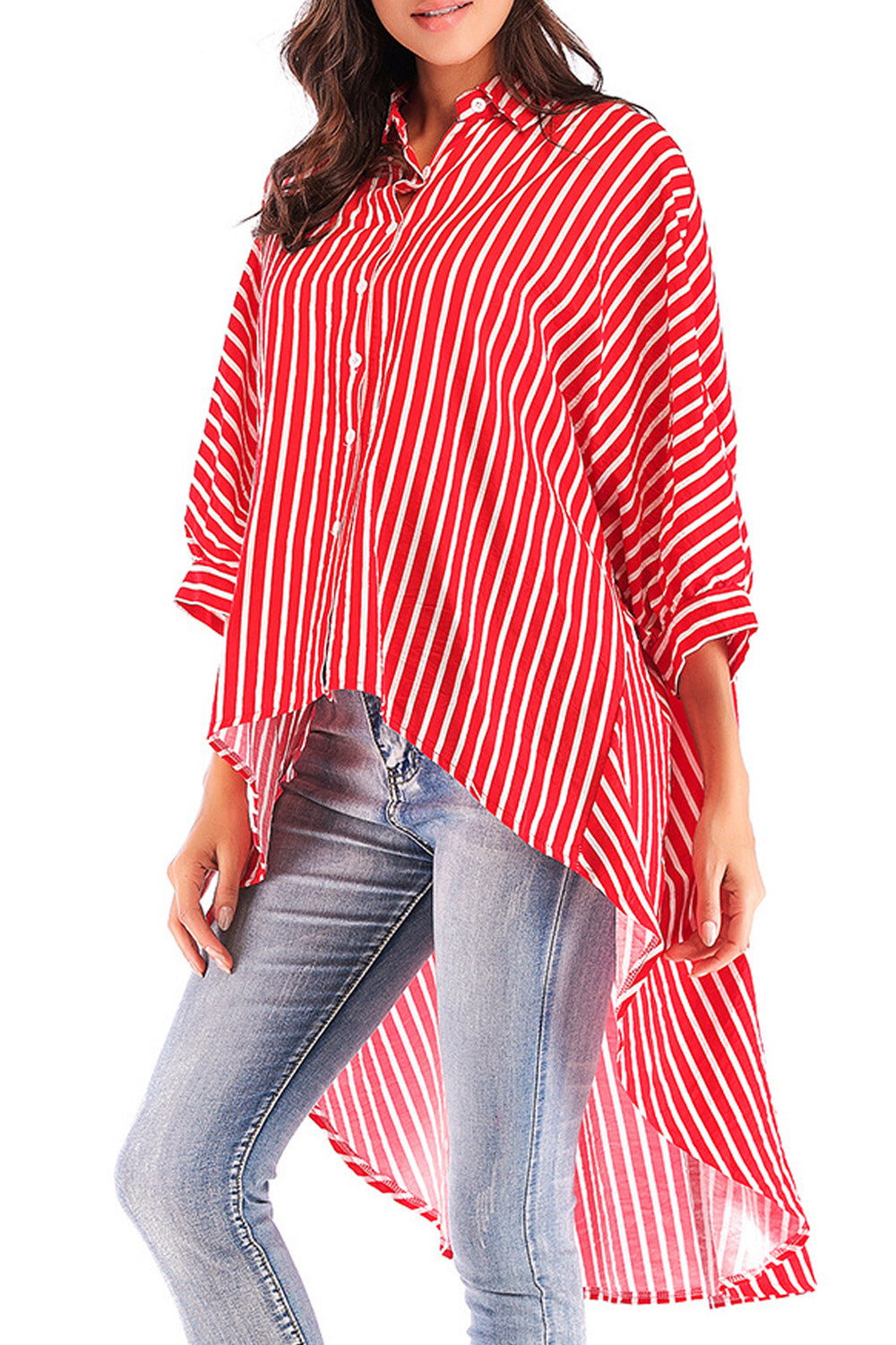 Women Striped Collar Neck Irregular Shirt