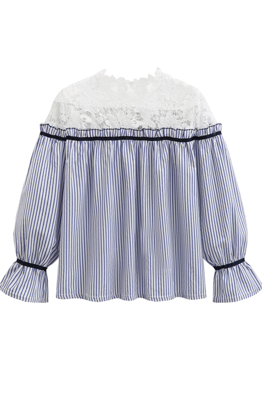 Women Lace High Neck Striped Loose Top