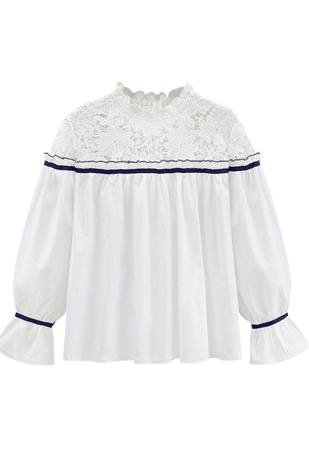 Women Lace High Neck Striped Loose Top