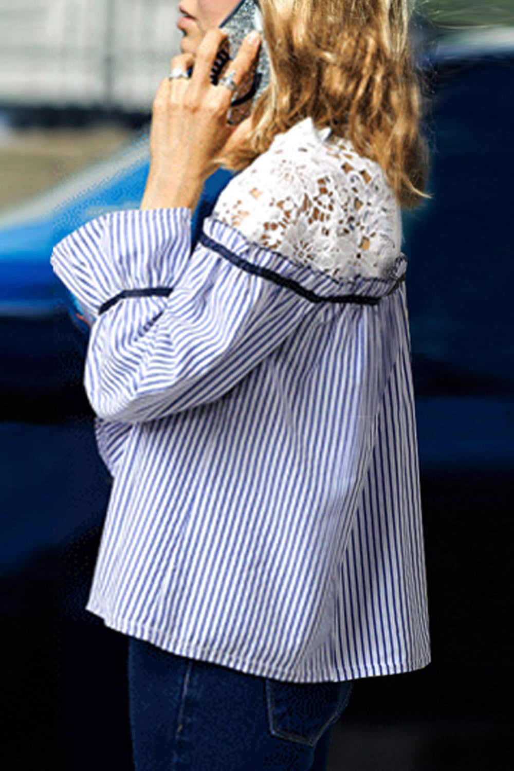 Women Lace High Neck Striped Loose Top