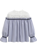 Women Lace High Neck Striped Loose Top