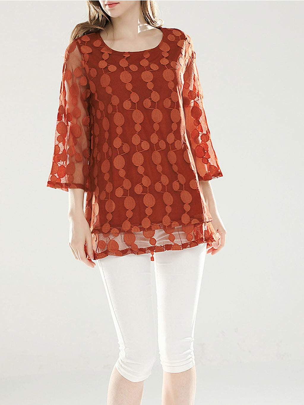 Women Dotted Lace Round Neck Shirt