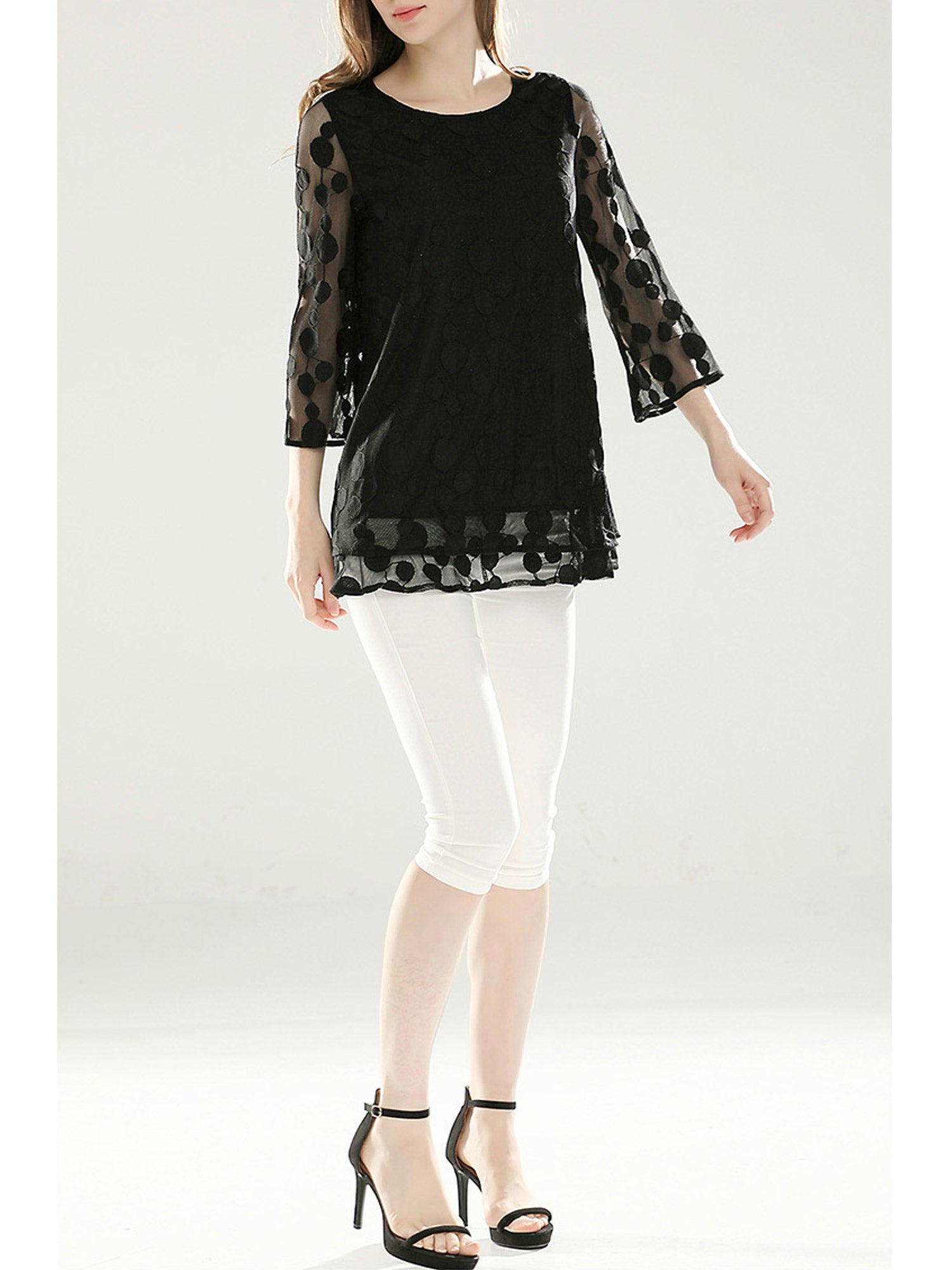 Women Dotted Lace Round Neck Shirt