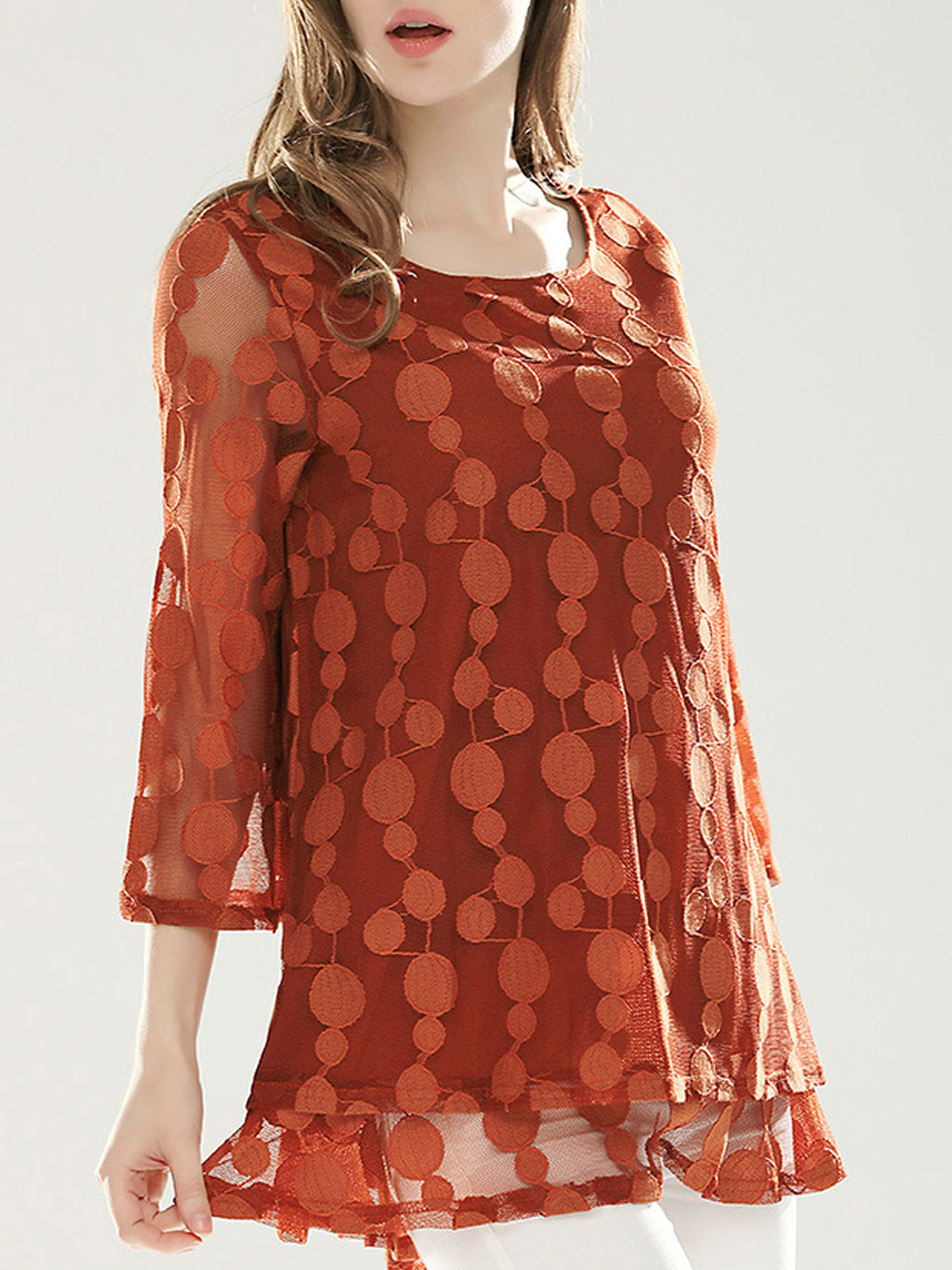 Women Dotted Lace Round Neck Shirt