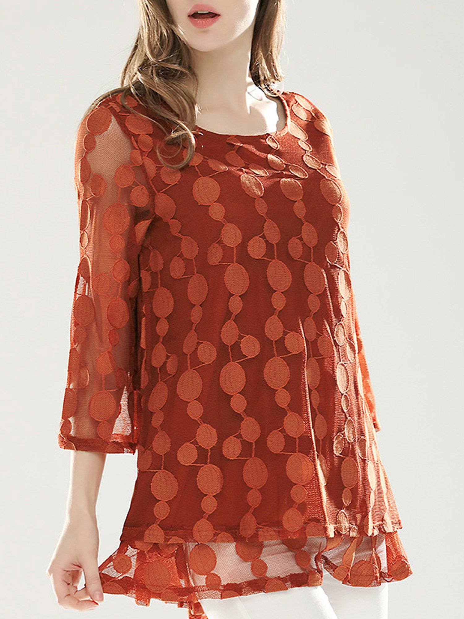 Women Dotted Lace Round Neck Shirt