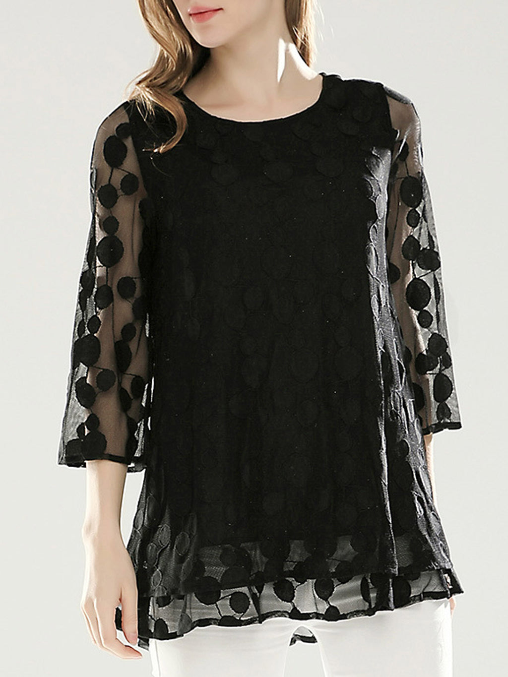 Women Dotted Lace Round Neck Shirt