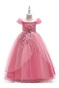 Kids Girls Lace Decorated Pleated Long SKirt Party Dress