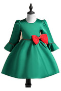 Kids Girls Waist Bow Trumpet Sleeve Cute Dress
