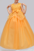 Kids Girls Bow Waist Round Neck Long pleated Dress