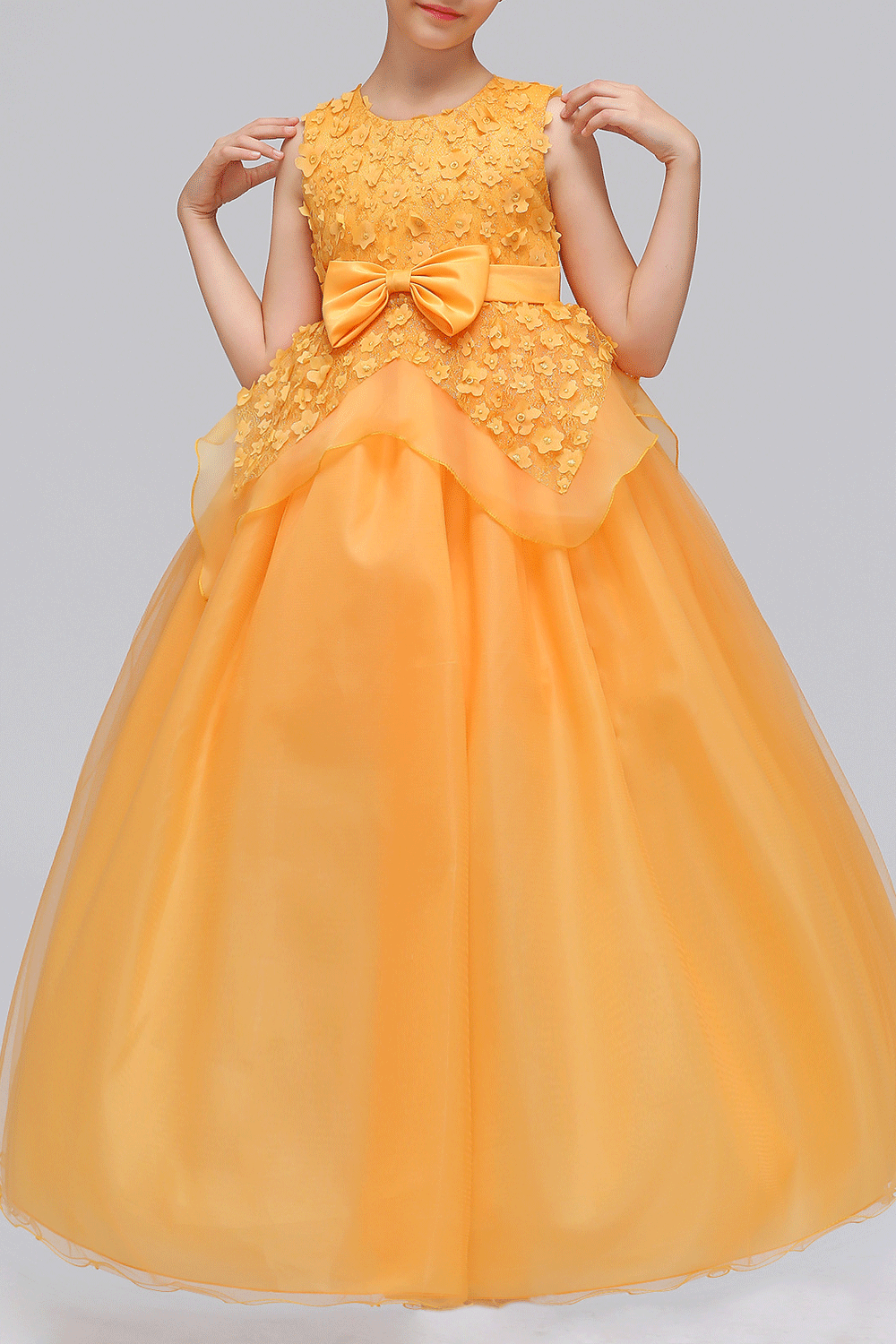 Kids Girls Bow Waist Round Neck Long pleated Dress