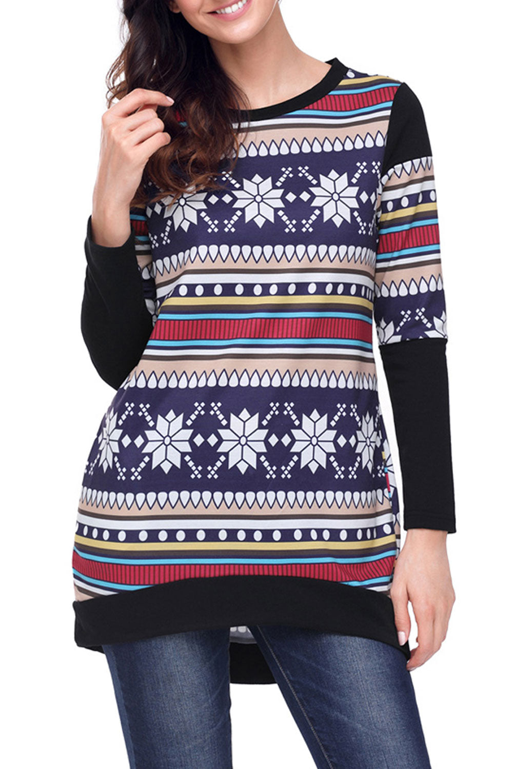 Women Round Neck Snowflake Printed Straight Top