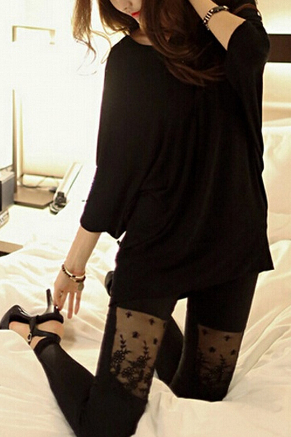 Women Stitching Back Hollow Lace Shirt