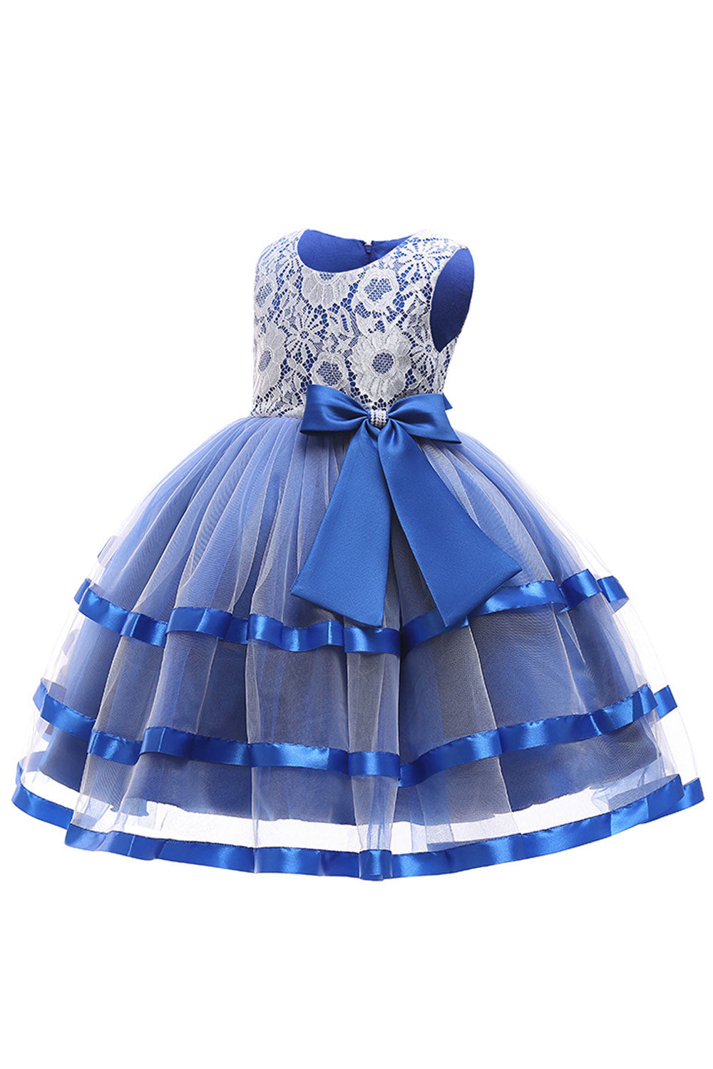 Kids Baby Girls Round Neck Lace Ribbon Bow Dress