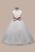 Kids Girls Lace Decorated Waist Bow Wedding Dress