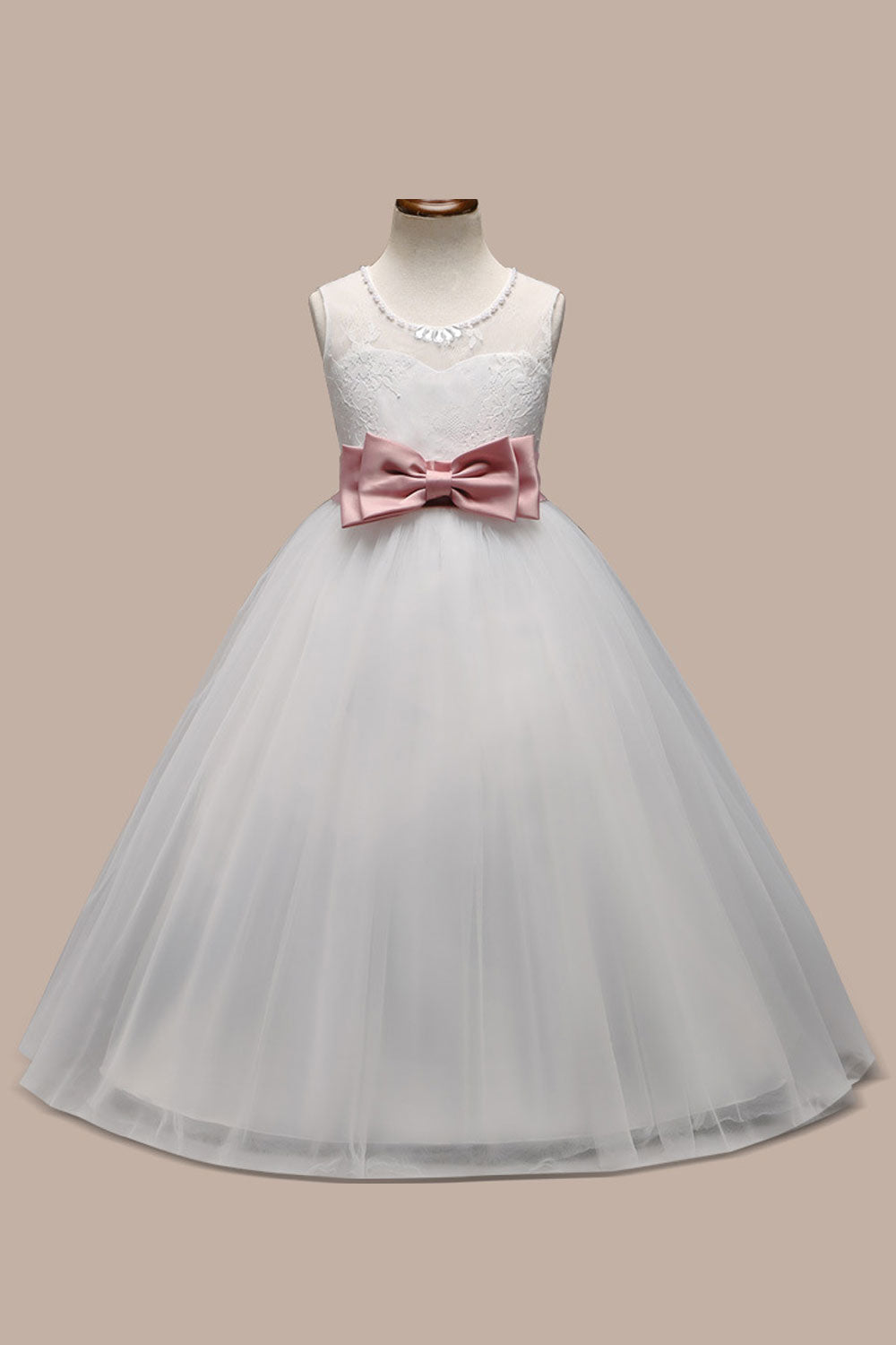 Kids Girls Lace Decorated Waist Bow Wedding Dress