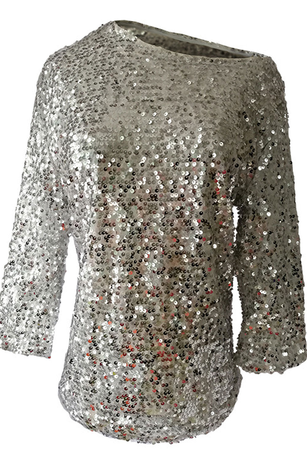 Women Slanting Shoulder Long Sleeve Sequin Top