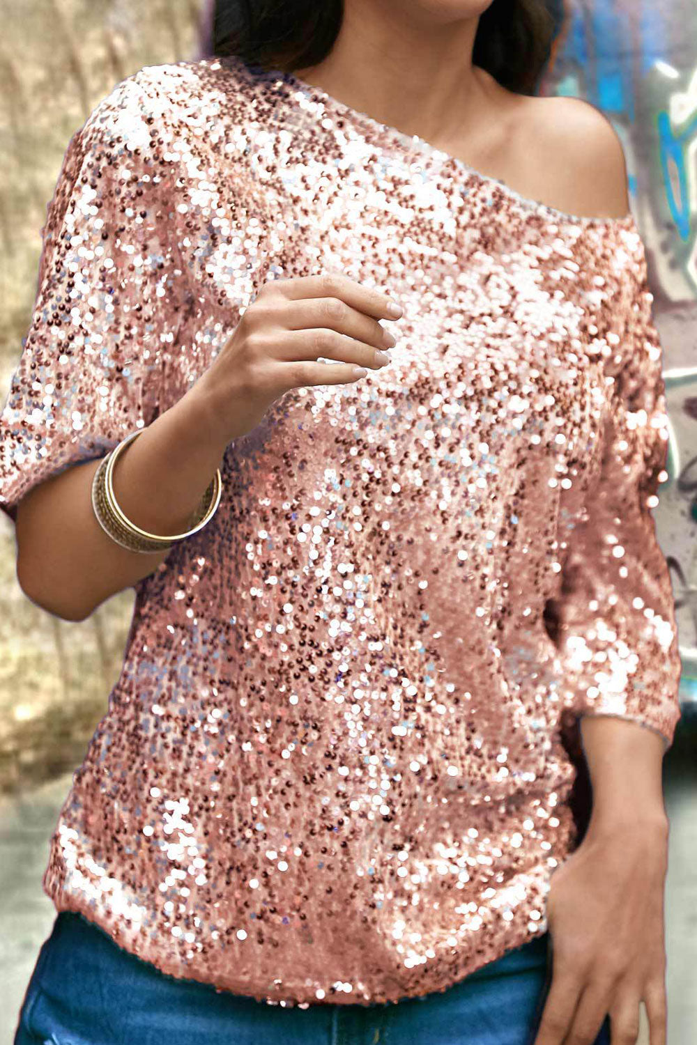 Women Slanting Shoulder Long Sleeve Sequin Top