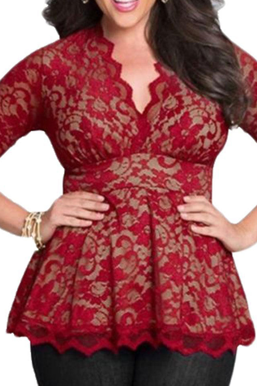 Women V-Neck 3/4 Sleeve Lace Decorated Top