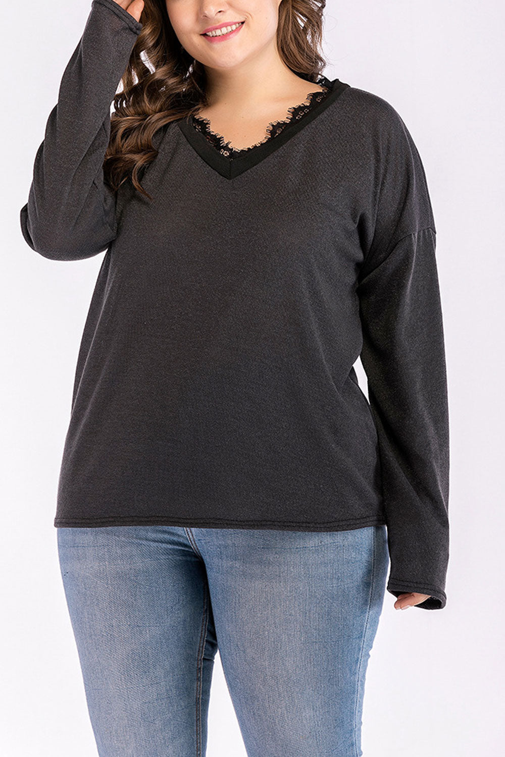 Women Lace Neck Long Sleeve Solid Top