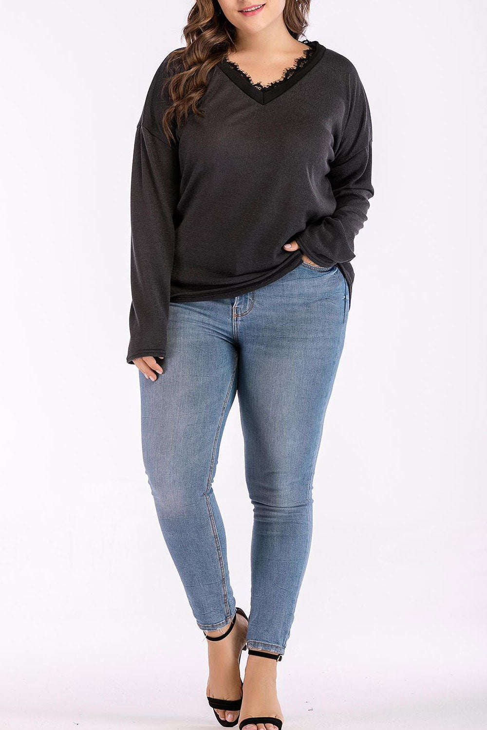 Women Lace Neck Long Sleeve Solid Top