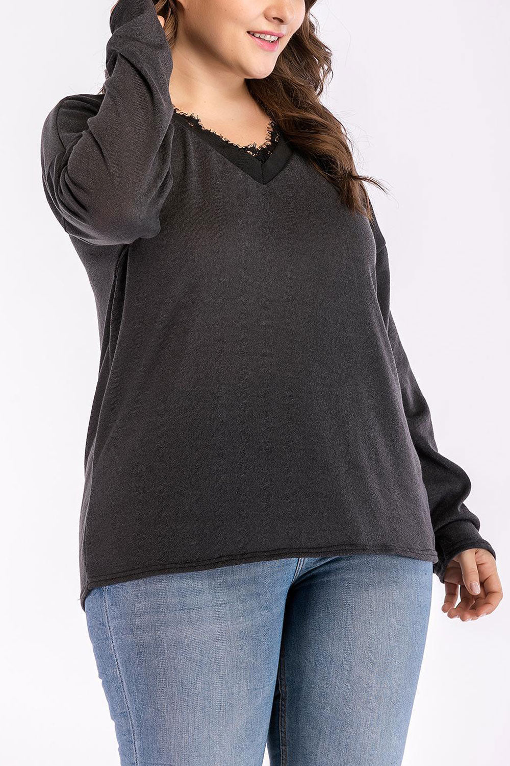 Women Lace Neck Long Sleeve Solid Top