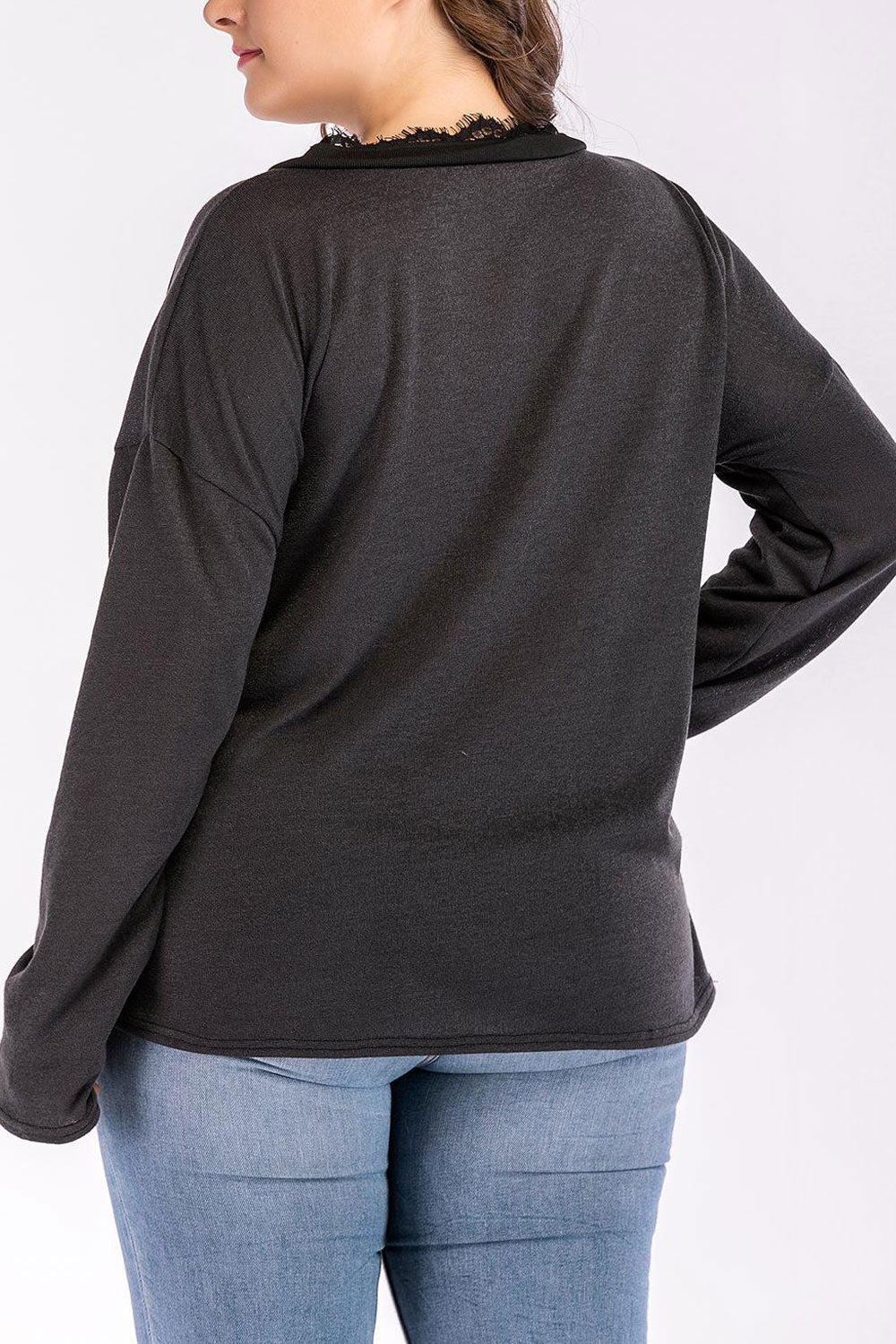 Women Lace Neck Long Sleeve Solid Top