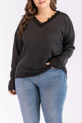 Women Lace Neck Long Sleeve Solid Top