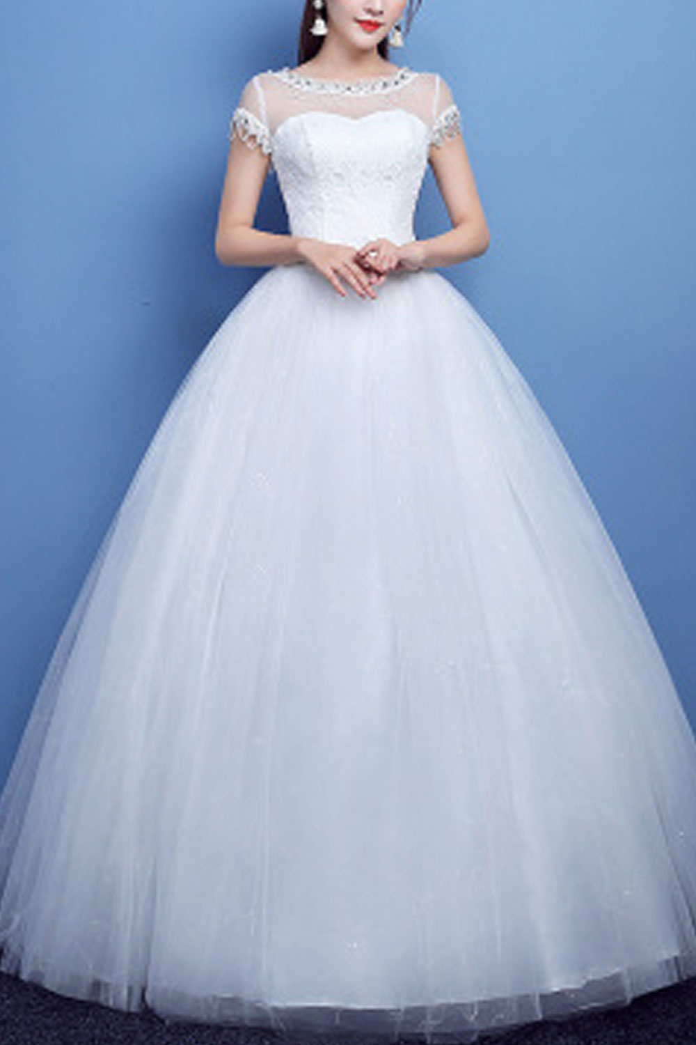 Women Sheered Neck Ball Gown Fancy Dress