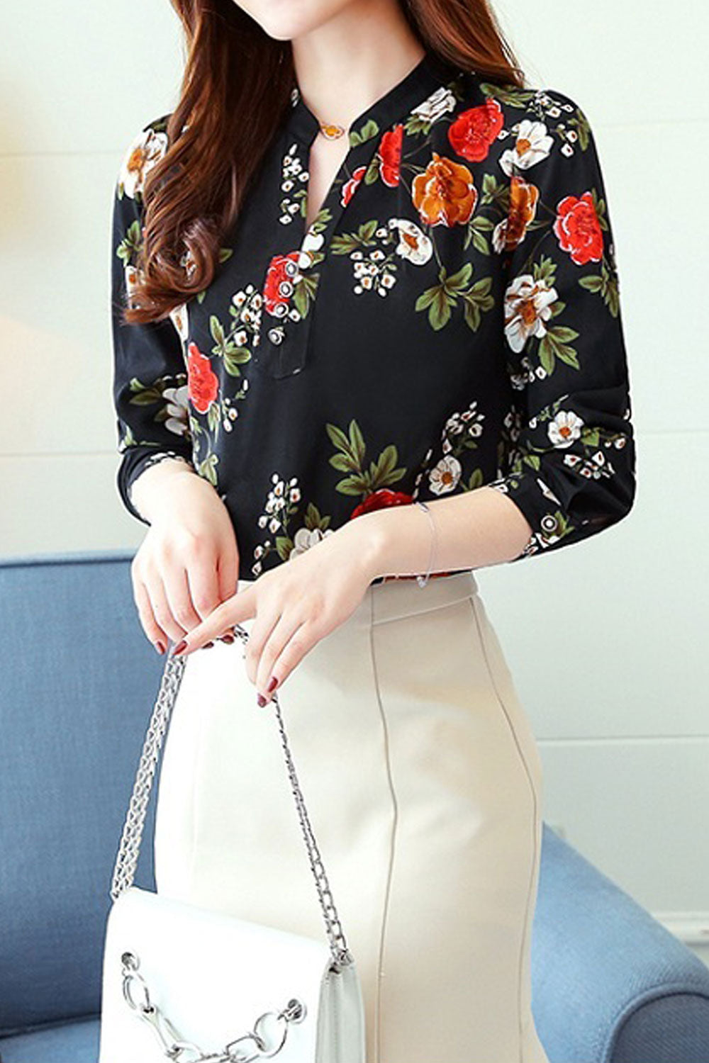 Women Collar Neck 3/4 Sleeve Printed Top