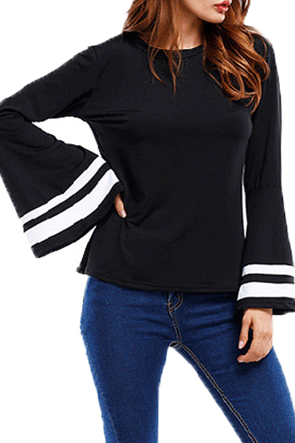 Women Slim Bell Sleeve Solid Color Casual Top