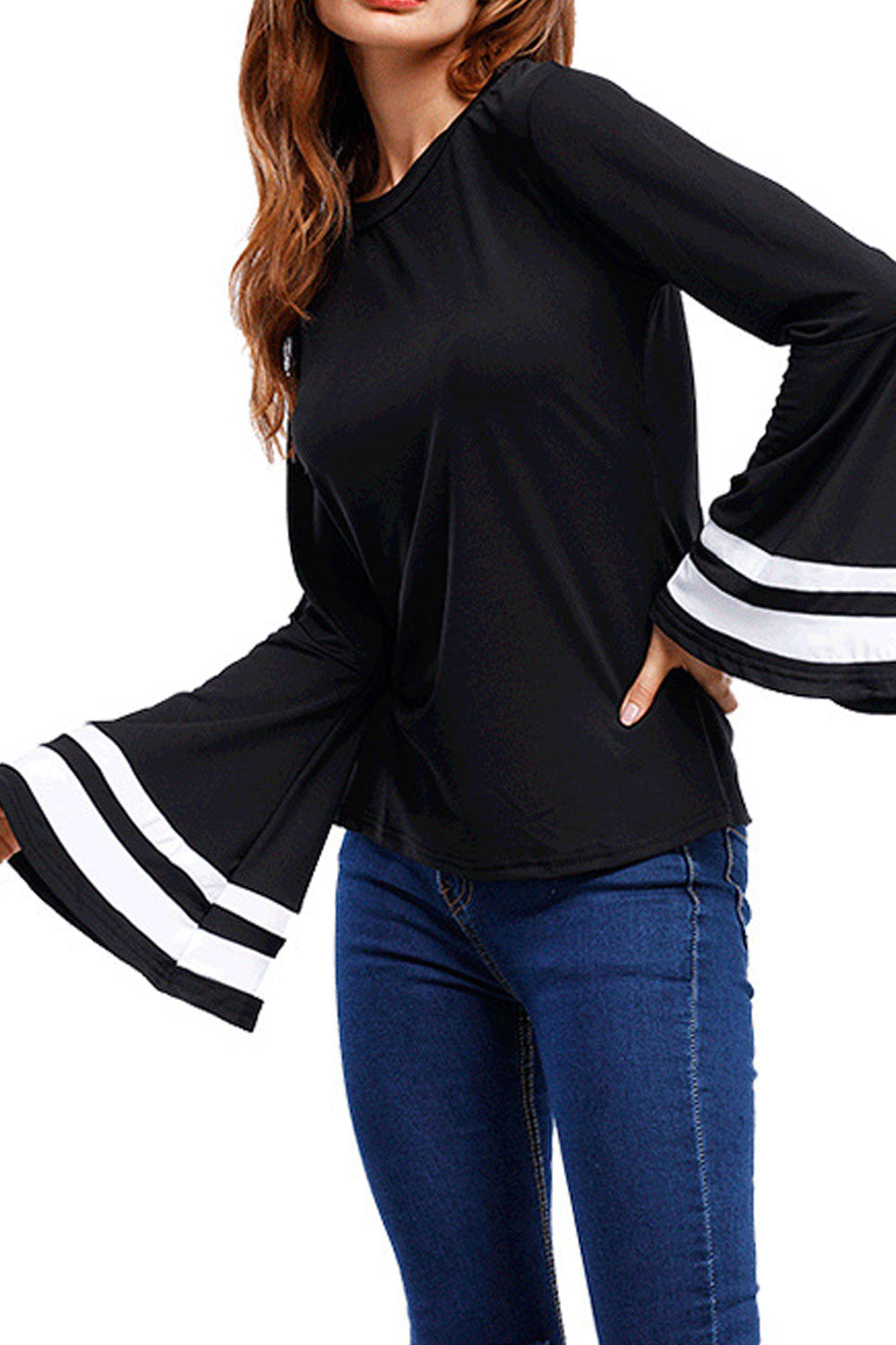 Women Slim Bell Sleeve Solid Color Casual Top
