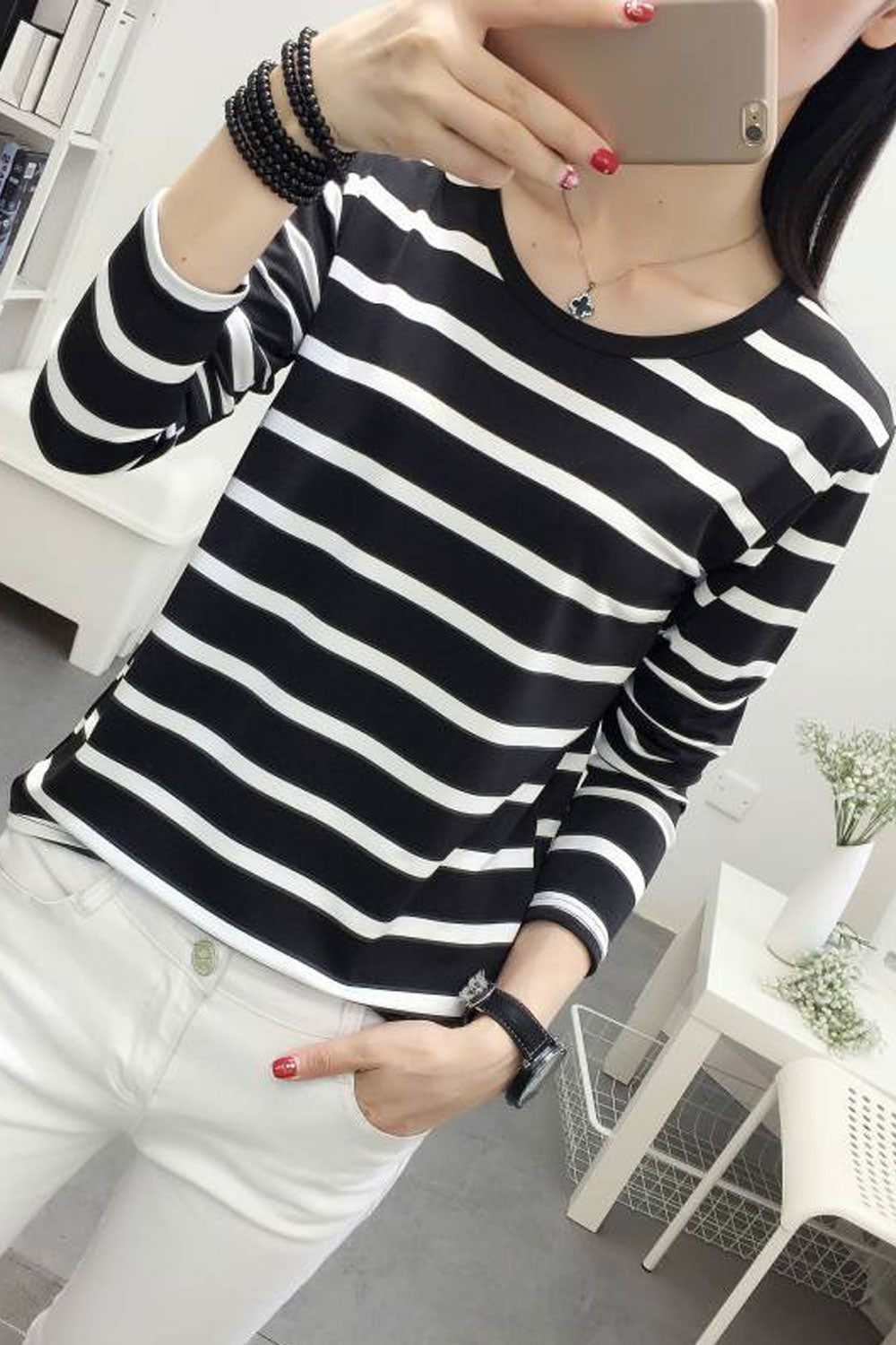Women 3/4 Sleeve Round Neck Striped Shirt