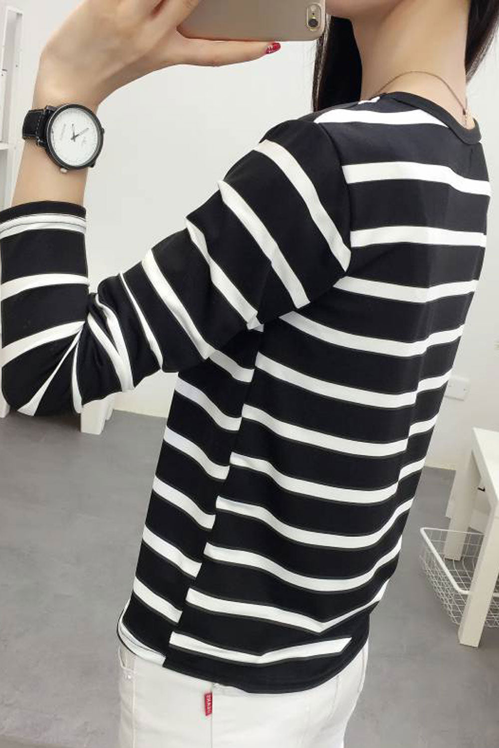 Women 3/4 Sleeve Round Neck Striped Shirt