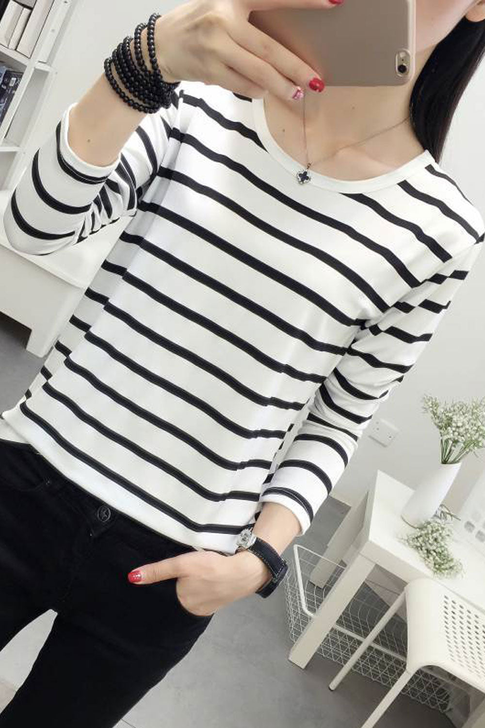 Women 3/4 Sleeve Round Neck Striped Shirt
