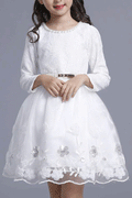 Kids Girls Beaded Neck Long Sleeve Lace Decorated Dress
