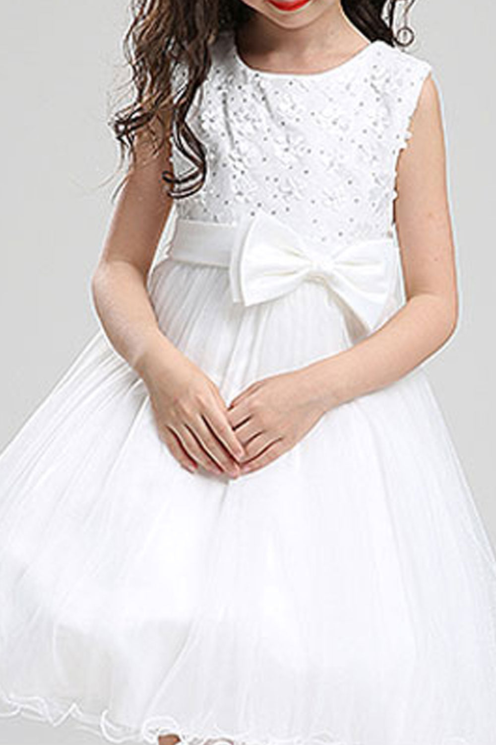Kids Girls Silk Waist Bow Solid Color Princess Dress
