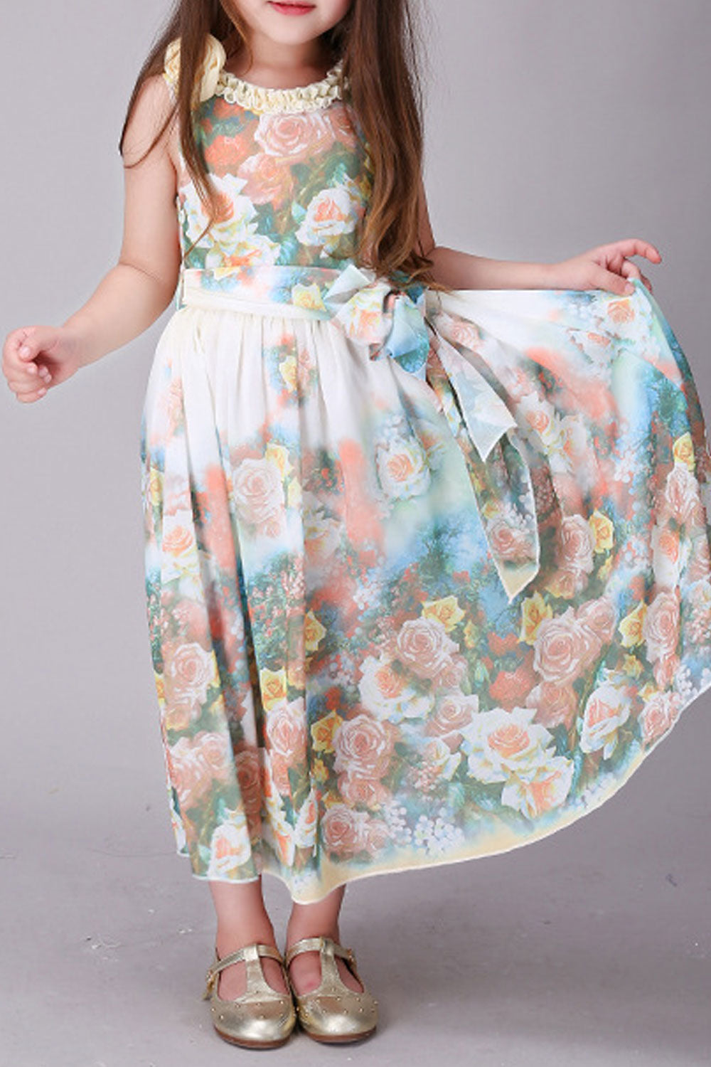 Kids Girls Flower Decorated Neck Waist Ribbon Dress