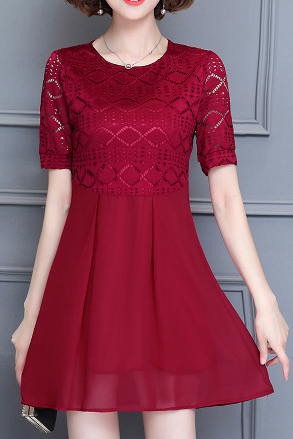 Women Round Neck Short Sleeve Lace Top